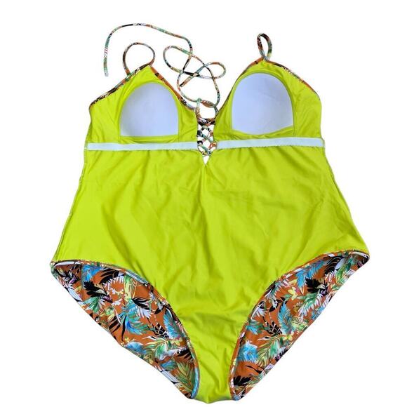 Night Dive Farrah One Piece Swimsuit Tropical Print Lace-up Front Plus Size 3X - Picture 11 of 16